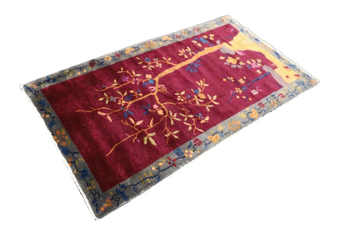 3'x6" Vintage Chinese Art Deco Rug | Tree of Life Design | Burgundy Deco Rug - 6