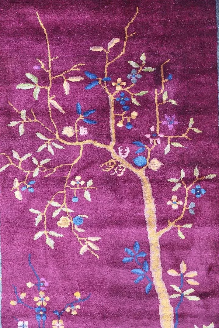 3'x6" Vintage Chinese Art Deco Rug | Tree of Life Design | Burgundy Deco Rug - 8