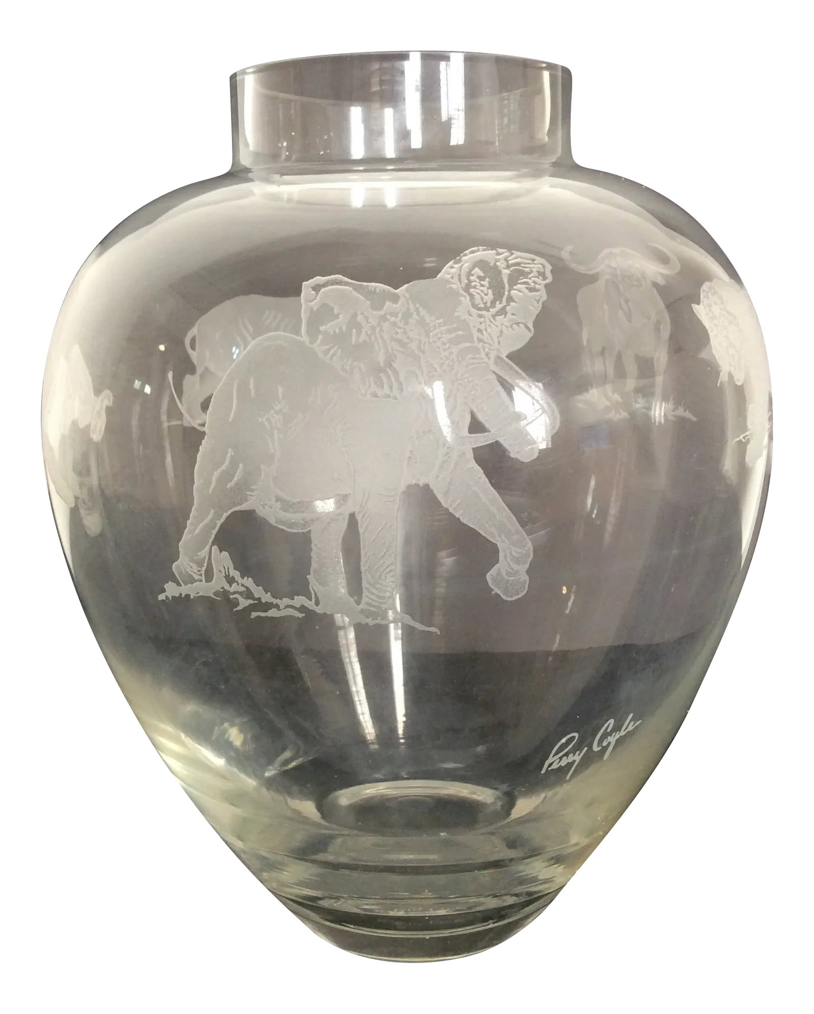 Perry Coyle Big Five Vase: Gorgeous limited edition Perry Coyle glass vase titled "Big Five" features etched glass renderings of a tiger, elephant, lion, ox, rhino and ox. Signed Perry Coyle on the side. Etched on the bottom