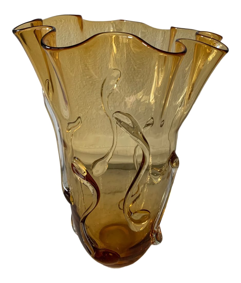 1950s Tall Amber Art Glass Vase in the Style of Empoli Glass: Gorgeous vintage mid-century tall amber blown glass Empoli vase from the Empoli region of Italy. This vintage mid-century vase is so incredible!!! Very large, 15.5 inches tall and 12.5 inches across