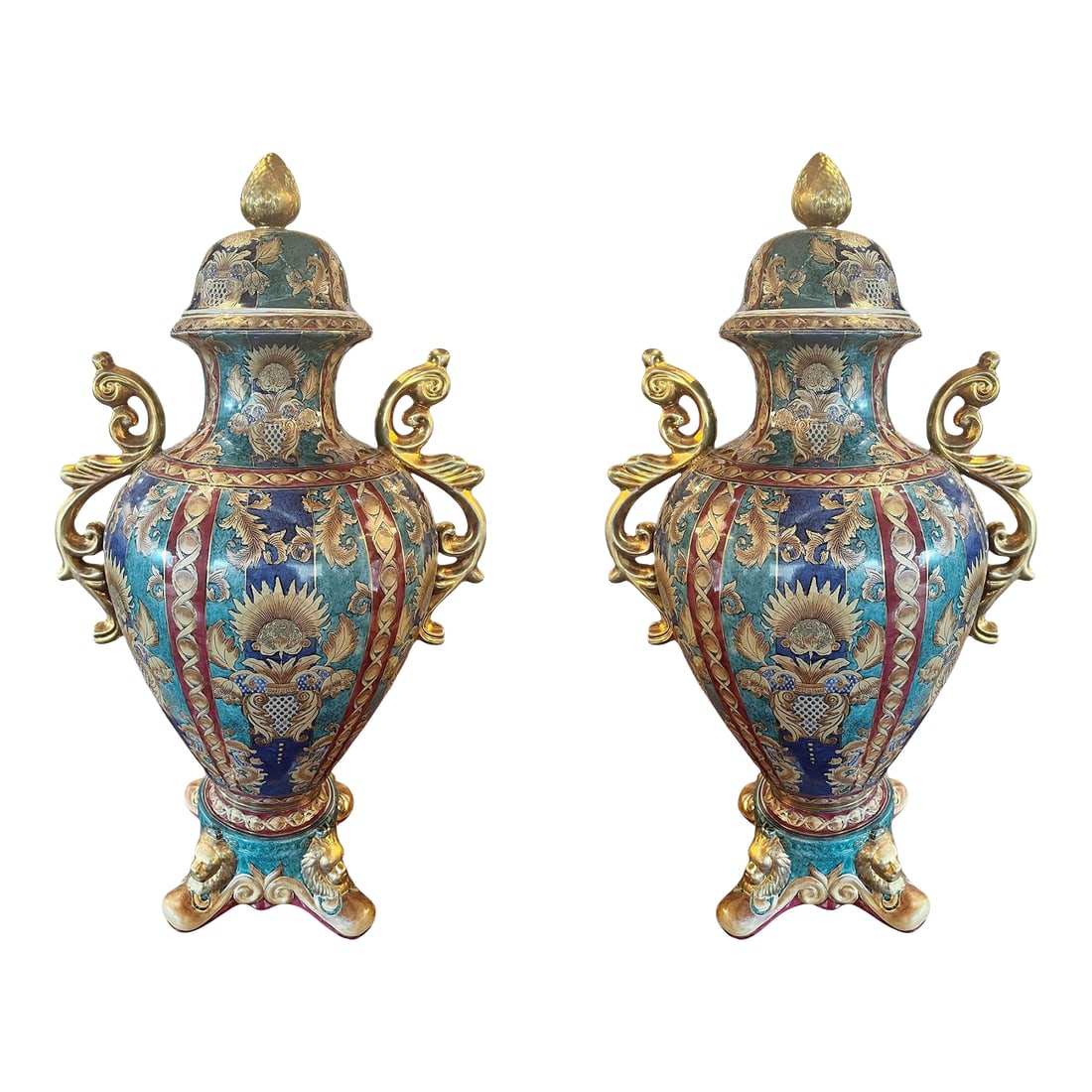 Oriental Accents Very Large Lidded Vases - A Pair: A striking pair of vintage oriental accents vases, generously scaled and beautifully detailed. These lidded vessels make a bold statement with their classic form, vibrant patterns, and traditional