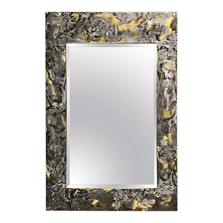Mid Century Modern Brass and Aluminum Mirror: This gorgeous beveled mirror is very much in the spirit of Paul Evans, with splashes of molten aluminum over brushed brass frame. Good looking, well made, solid piece. Made by Autumn Guild circa 1970s