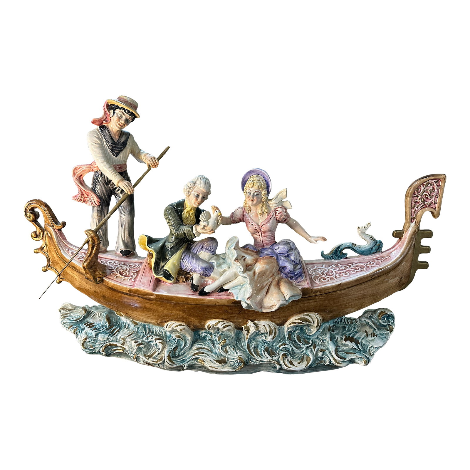 Antique Capodimonte "A Couple on the Gondola" Porcelain Sculpture With Brass Remo (Oar): Experience the charm of Venice with this rare vintage Capodimonte ("top of the line") porcelain sculpture titled "A Couple on the Gondola." Beautifully crafted, this piece captures the essence of Ital