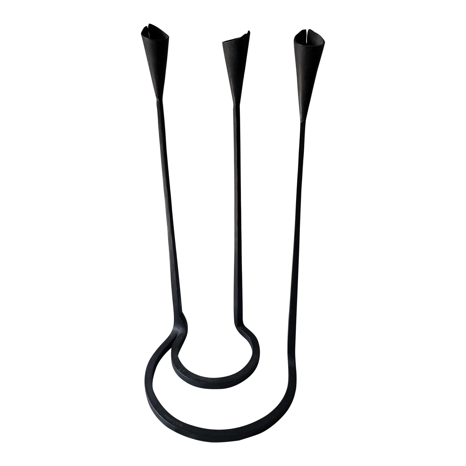 Brutalist 70s Wrought Iron Candleholder by Gregory Litsios: Brutalist Wrought Iron Candleholder from the 1970s. Designed by Gregory Litsios, an apprentice of Albert Paley. Features 3 arms ending with a tulip shaped opening, and rounded base. Simplistic and mod