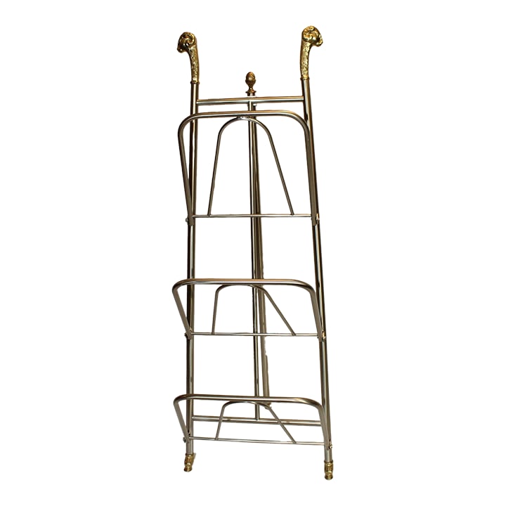 Mid 20th Century Maison Jansen Style Italian Vintage Steel & Brass Magazine Rack With Rams Head: Up for sale is a Maison Jansen Style Italian Vintage Steel And Brass Magazine Rack With Rams Head. It is in great condition ready to enjoy. It measures 12" across x 35" High. 16.5" deep Condition: Alt