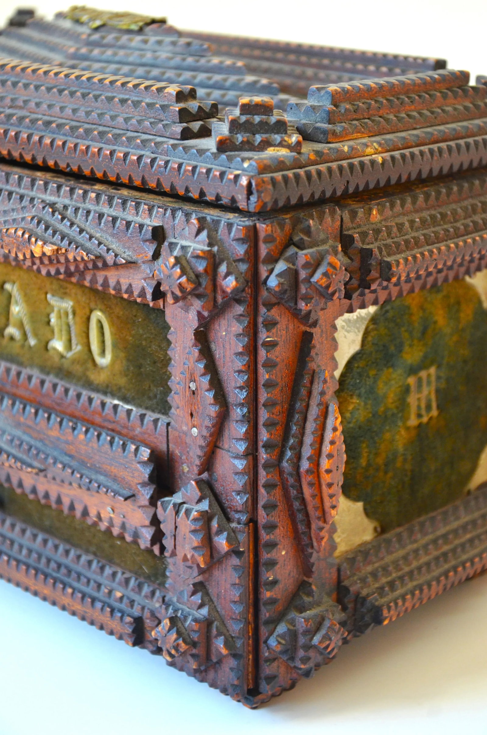 Turn of the Century Hand Carved Tramp Art Wooden Jewelry Box, Circa 1900 - 10