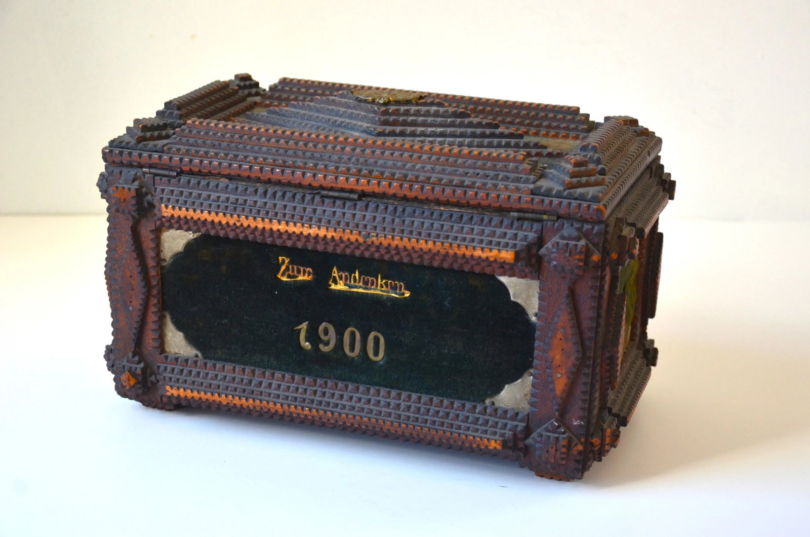 Turn of the Century Hand Carved Tramp Art Wooden Jewelry Box, Circa 1900 - 4