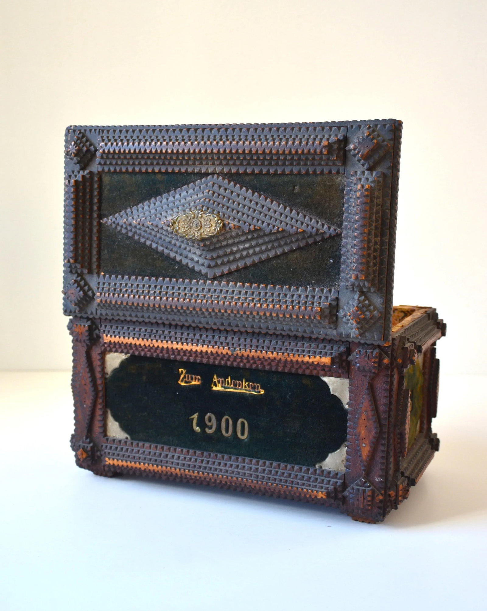 Turn of the Century Hand Carved Tramp Art Wooden Jewelry Box, Circa 1900 - 5