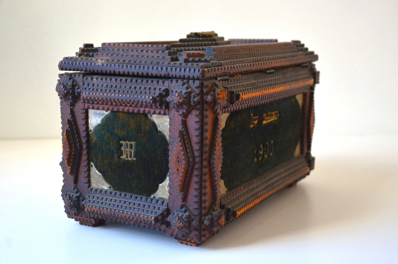 Turn of the Century Hand Carved Tramp Art Wooden Jewelry Box, Circa 1900 - 9