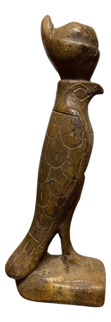 Grand Tour Ancient Egyptian Style Carved Soapstone Figure of Horus: Grand Tour carving of Horus, ancient Egyptian god in the form of a falcon. Quite possibly much earlier in date, that is beyond my expertise. From a collection that did have ancient pieces, the label o