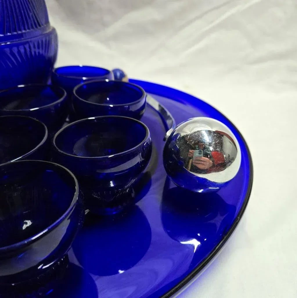 Cobalt Blue Glass Punch Bowl With 10 Cups, Ladle and Large Display Tray- 13 Pieces - 2