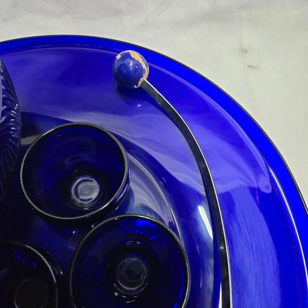 Cobalt Blue Glass Punch Bowl With 10 Cups, Ladle and Large Display Tray- 13 Pieces - 3