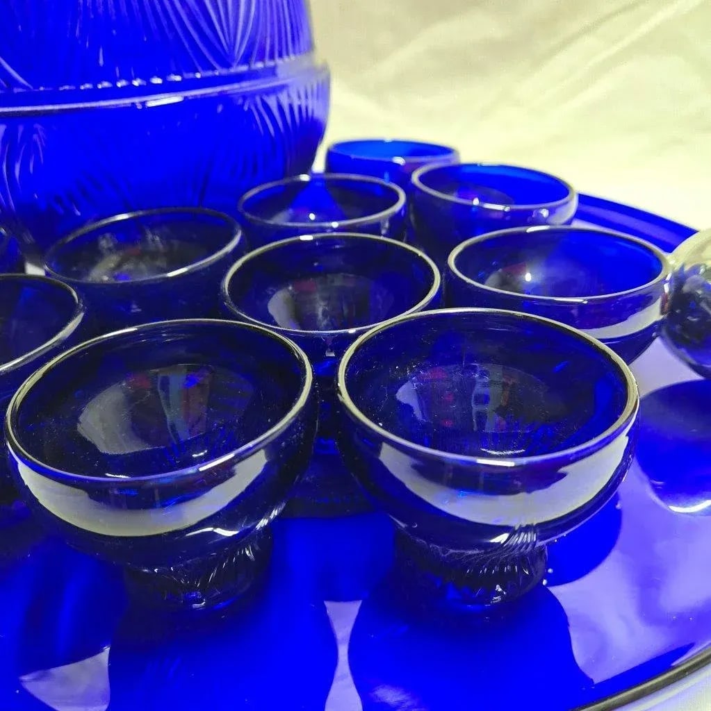 Cobalt Blue Glass Punch Bowl With 10 Cups, Ladle and Large Display Tray- 13 Pieces - 4