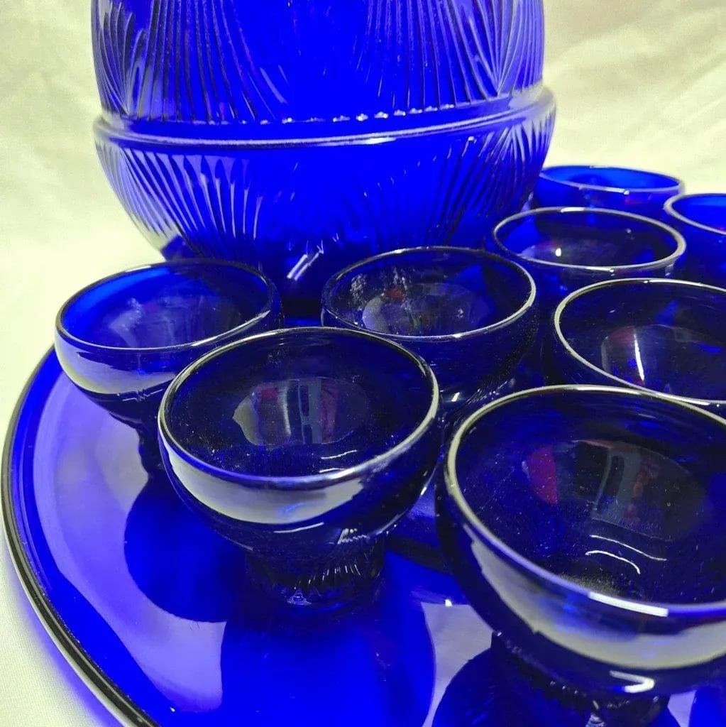 Cobalt Blue Glass Punch Bowl With 10 Cups, Ladle and Large Display Tray- 13 Pieces - 5