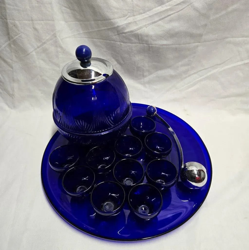 Cobalt Blue Glass Punch Bowl With 10 Cups, Ladle and Large Display Tray- 13 Pieces - 6