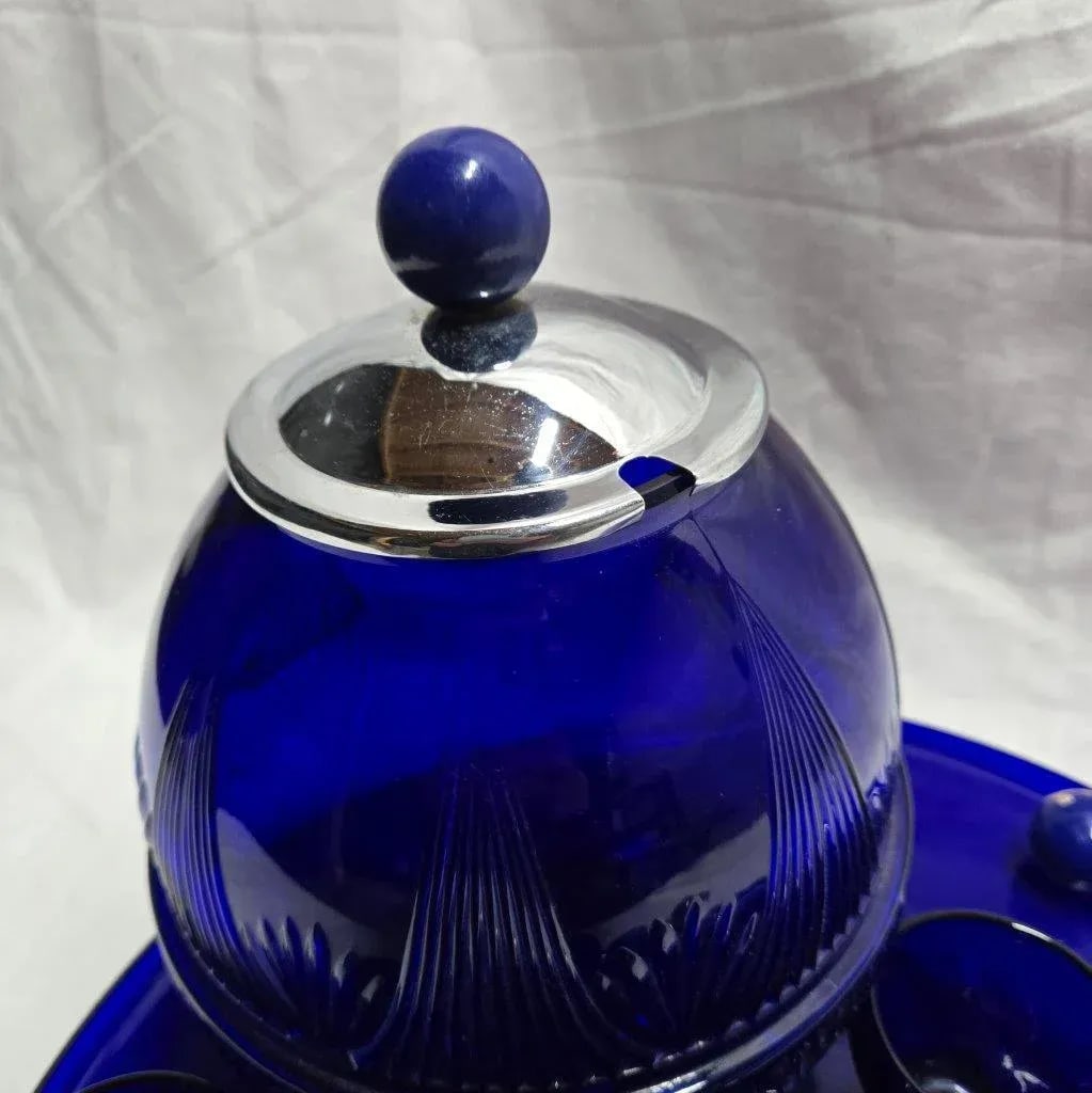 Cobalt Blue Glass Punch Bowl With 10 Cups, Ladle and Large Display Tray- 13 Pieces - 7