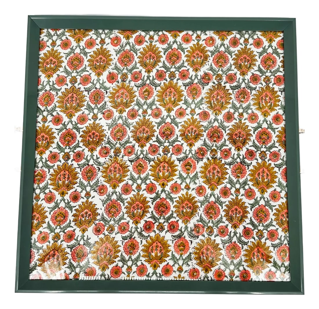 Olive Green Decorative Tray Indian Block Print Lucite & Gold Handles: Custom Made Olive Green Decorative Tray with a beautiful Indian Block Print Fabric. Lucite & Gold Handles. Acrylic encasing the tray insert, acrylic handles. 22"W X 22"D. Condition: Imperfections: No 