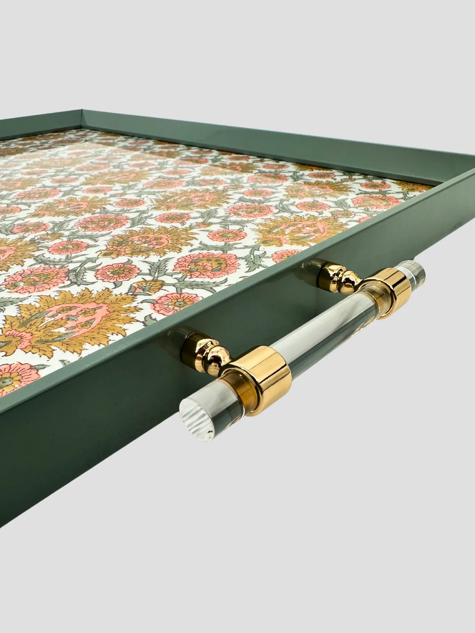Olive Green Decorative Tray Indian Block Print Lucite & Gold Handles - 5