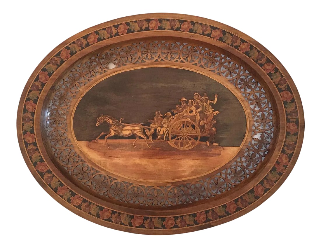 Italian Marquetry Incised Wood Horse & Carriage With People Tray: Italian Oval Tray This Tray measures straight across 19 x 14.5". There is a light 2.5" scratch on the picture it's hard to see unless you look closely. There are two areas on the trim where a piece br