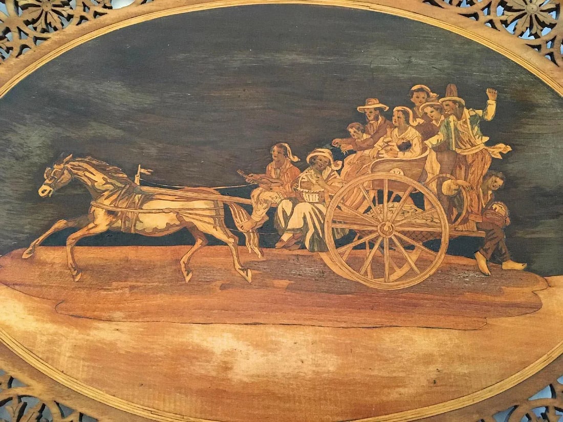 Italian Marquetry Incised Wood Horse & Carriage With People Tray - 2