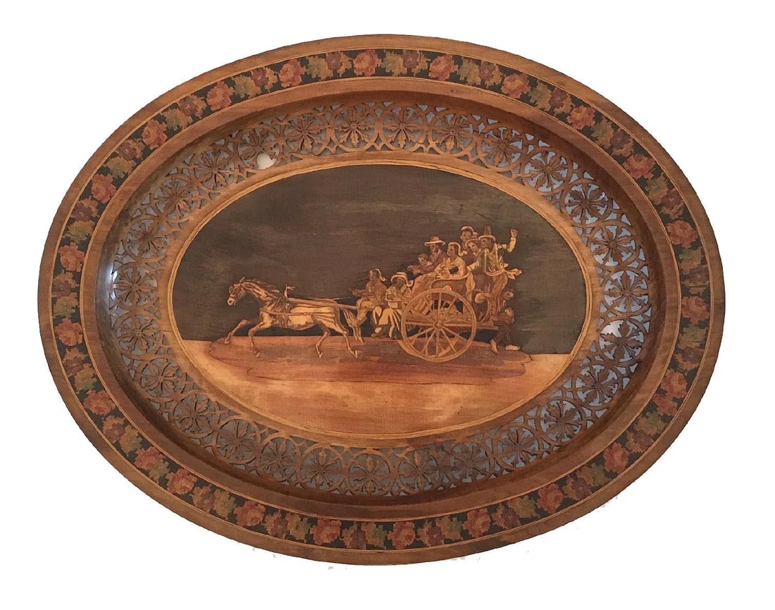 Italian Marquetry Incised Wood Horse & Carriage With People Tray - 6