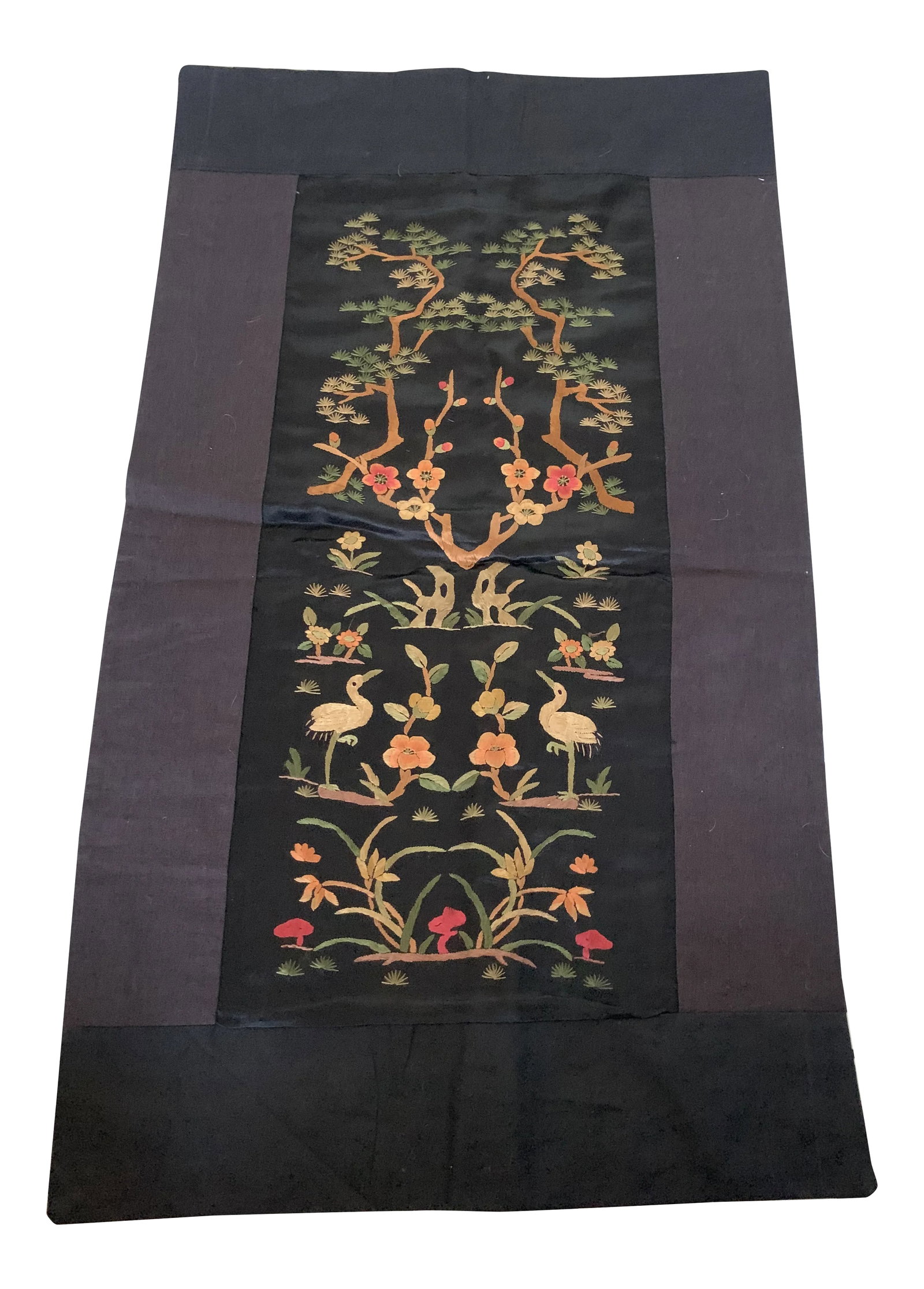 Vintage Chinese Hand Embroidered Floral Trees & Cranes Textile (1 of 8)
