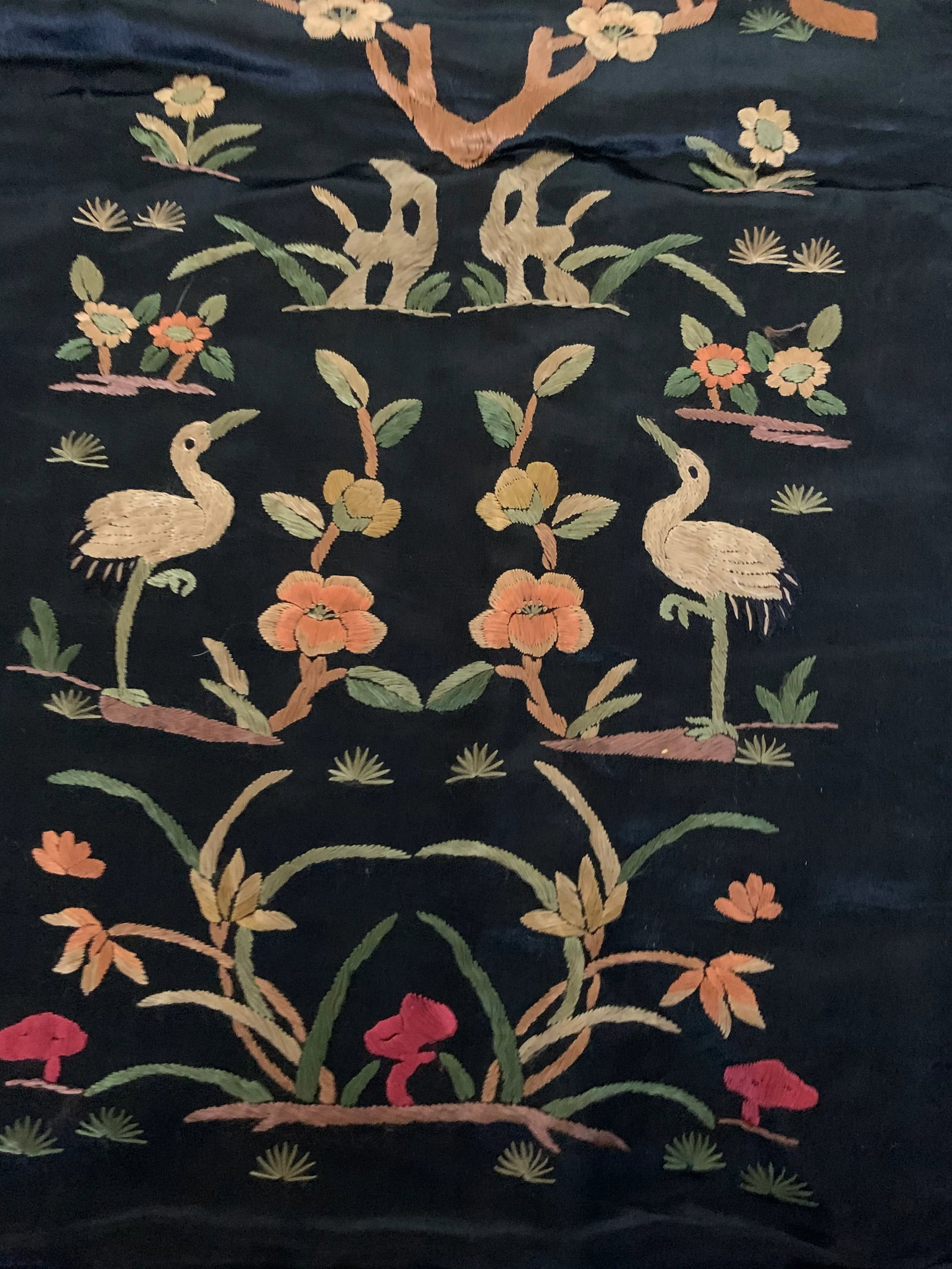 Vintage Chinese Hand Embroidered Floral Trees & Cranes Textile - 2