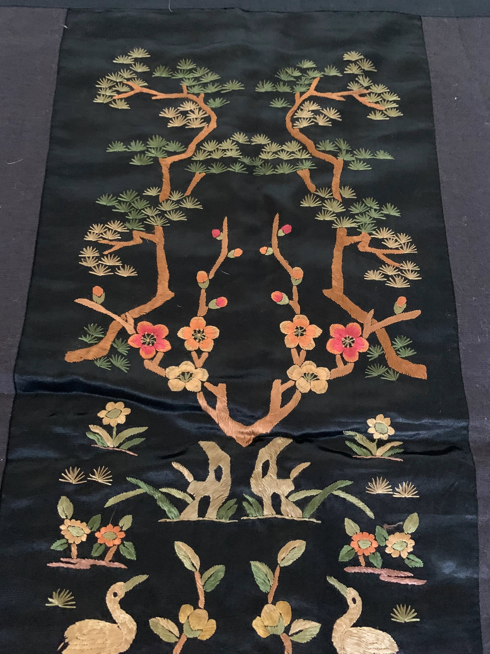 Vintage Chinese Hand Embroidered Floral Trees & Cranes Textile - 3