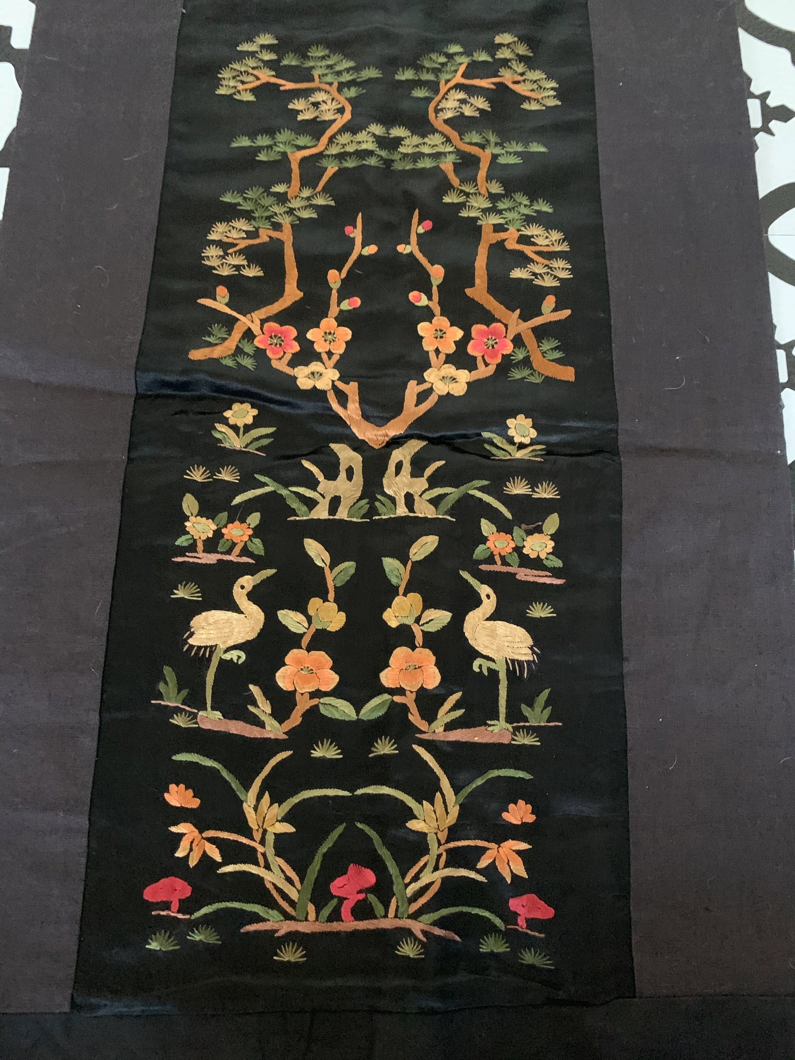 Vintage Chinese Hand Embroidered Floral Trees & Cranes Textile - 4