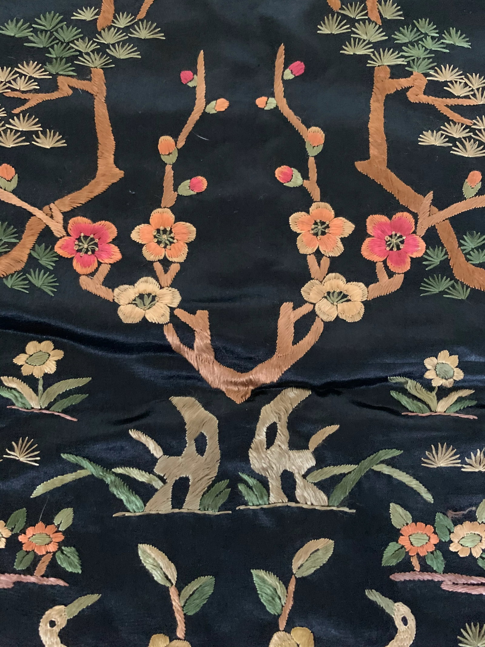 Vintage Chinese Hand Embroidered Floral Trees & Cranes Textile - 5