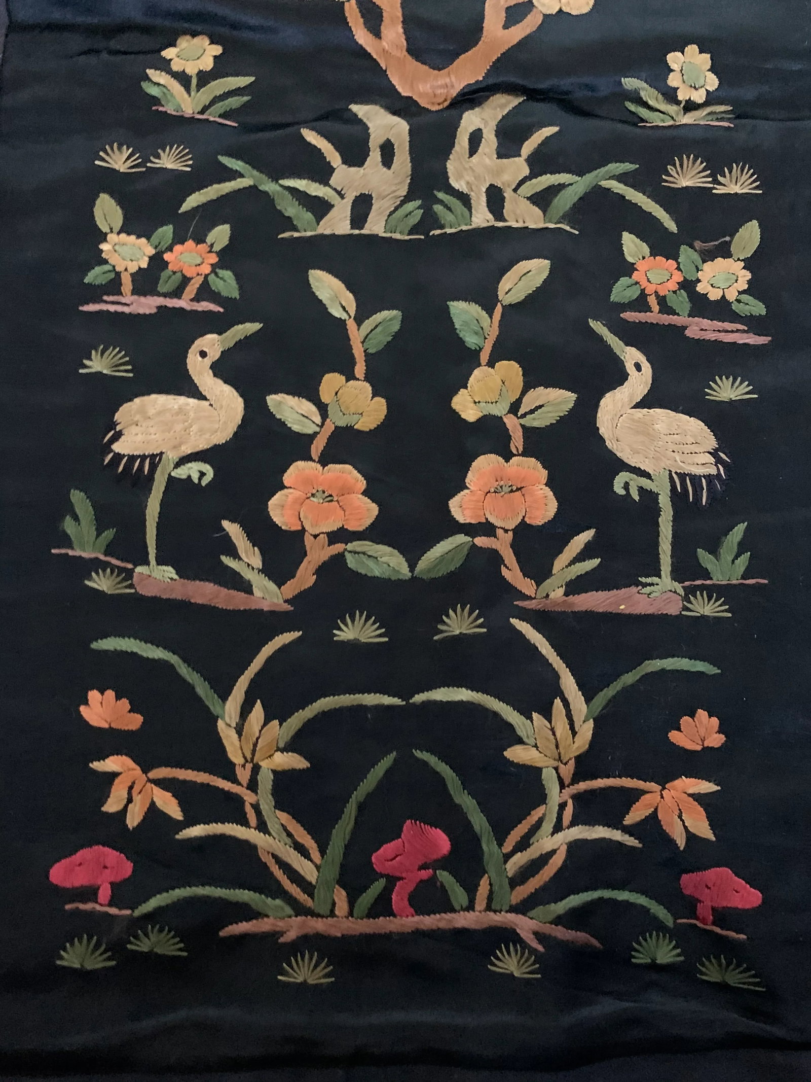 Vintage Chinese Hand Embroidered Floral Trees & Cranes Textile - 6