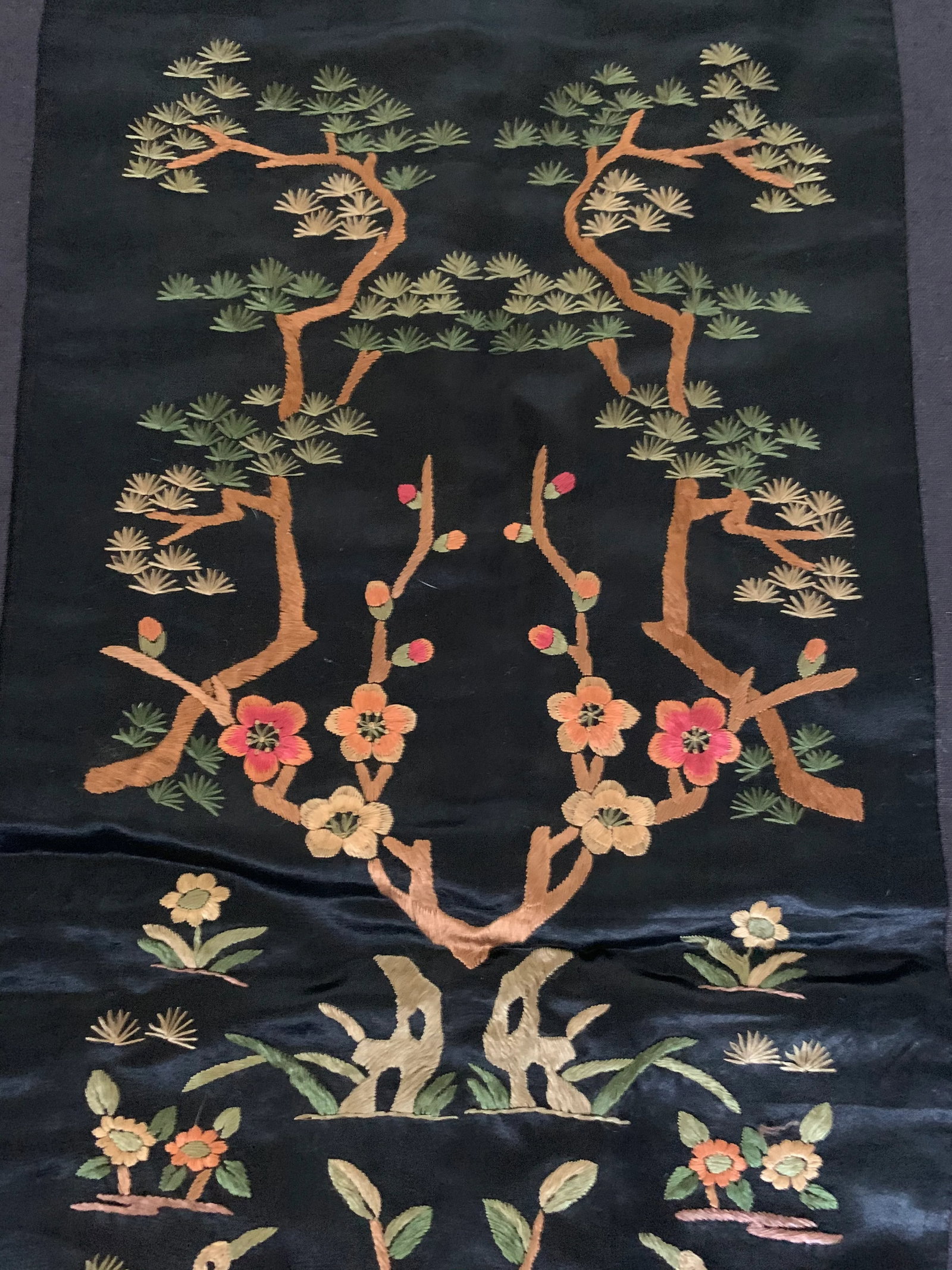 Vintage Chinese Hand Embroidered Floral Trees & Cranes Textile - 7
