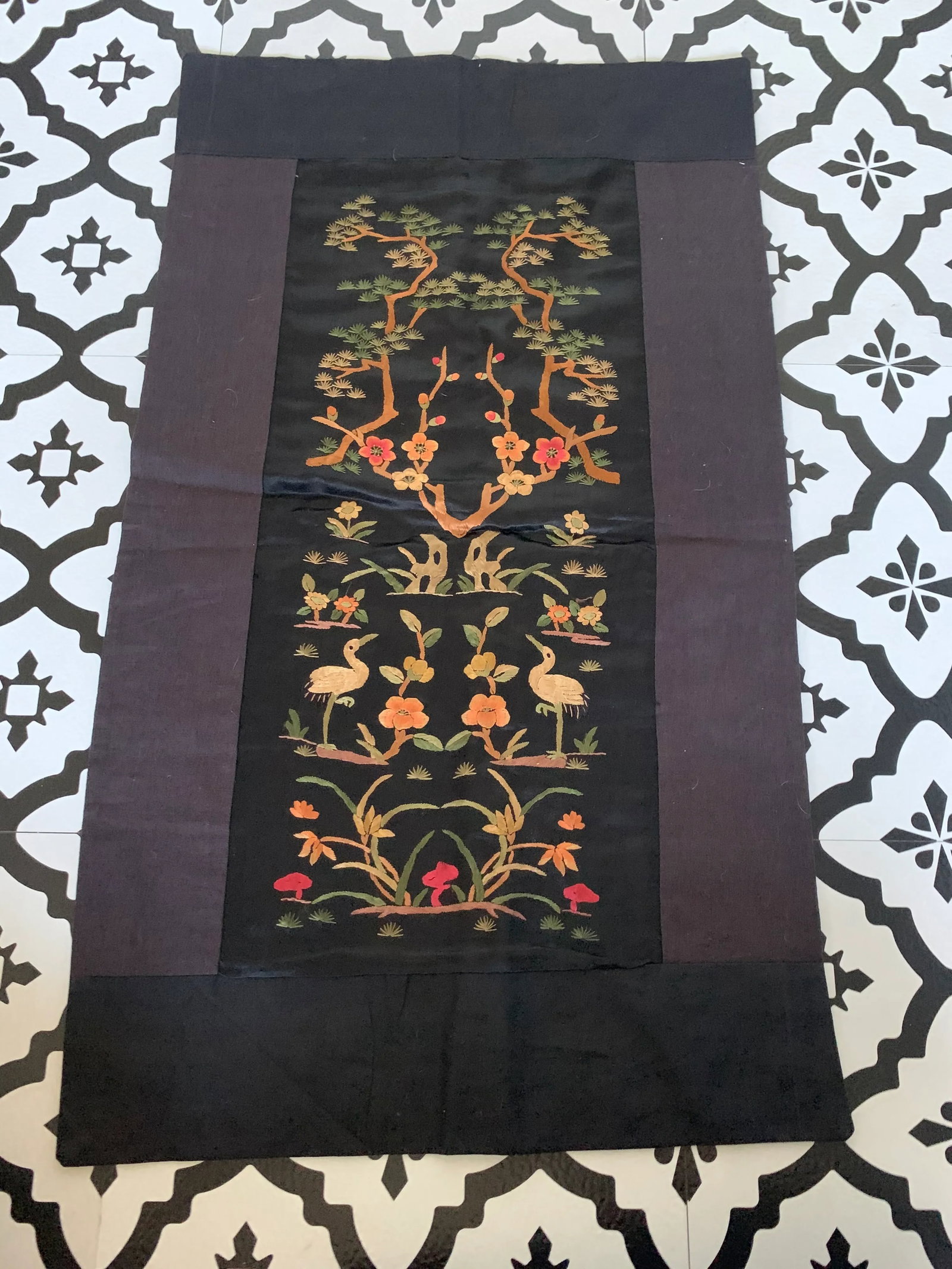 Vintage Chinese Hand Embroidered Floral Trees & Cranes Textile - 8