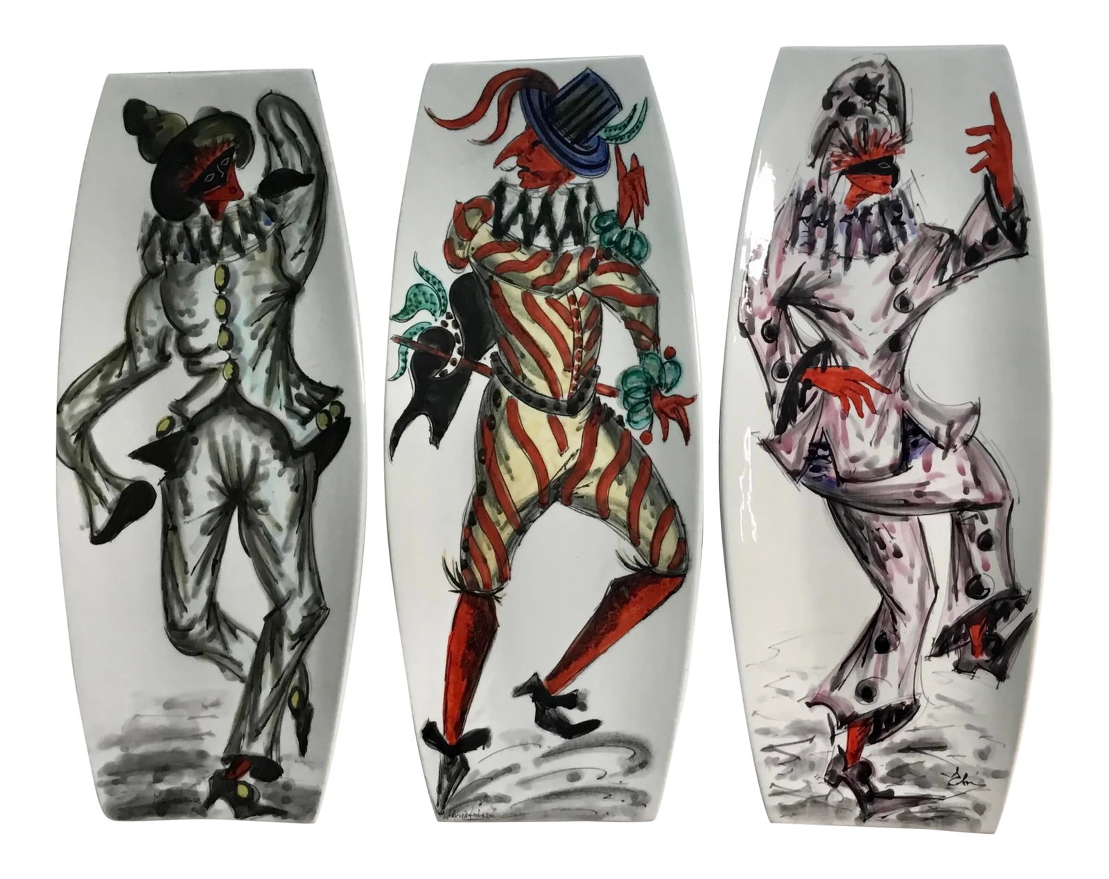 Set of 3 1960s Italian Hand Painted Wall Plaques: Fabulous set of hand painted with Venetian carnaval characters large ceramic hanging platters . Each signet by artist . Condition: Alterations: Original Condition Unaltered Imperfections: Some Imperfe