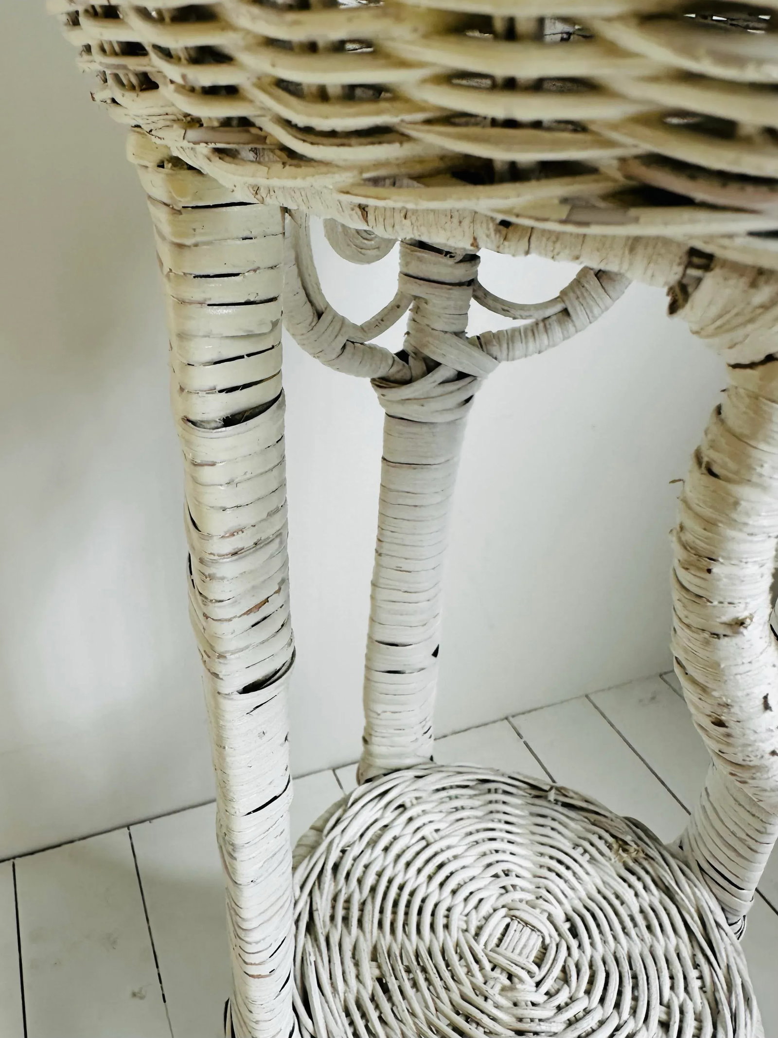 Vintage Victorian Painted White Wicker Indoor or Outdoor Plant Stand - 5