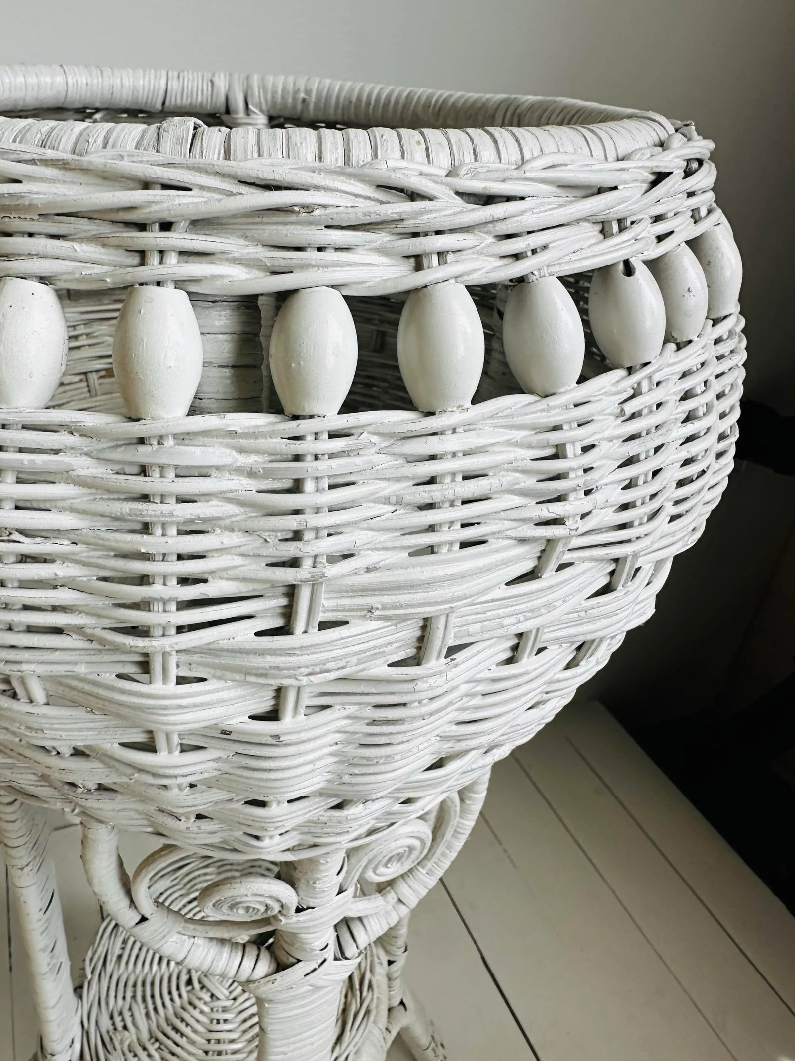Vintage Victorian Painted White Wicker Indoor or Outdoor Plant Stand - 6