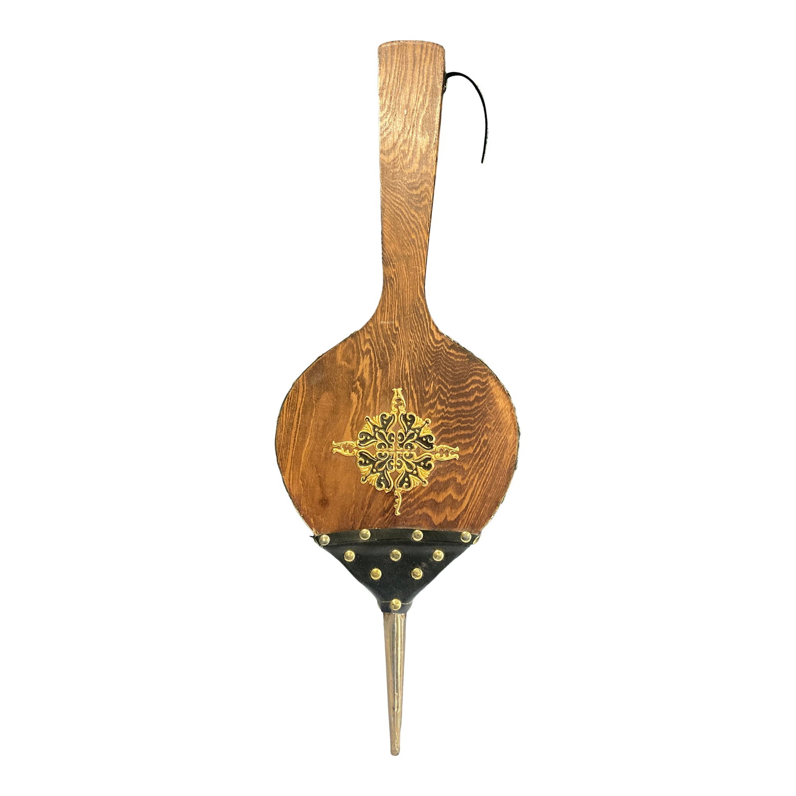 Midcentury Wood & Brass Fireplace Bellows: This beautifully crafted vintage fireplace bellows features a rich wood grain body, black leather trim with brass rivets, and a decorative brass medallion at its center. The classic design blends func
