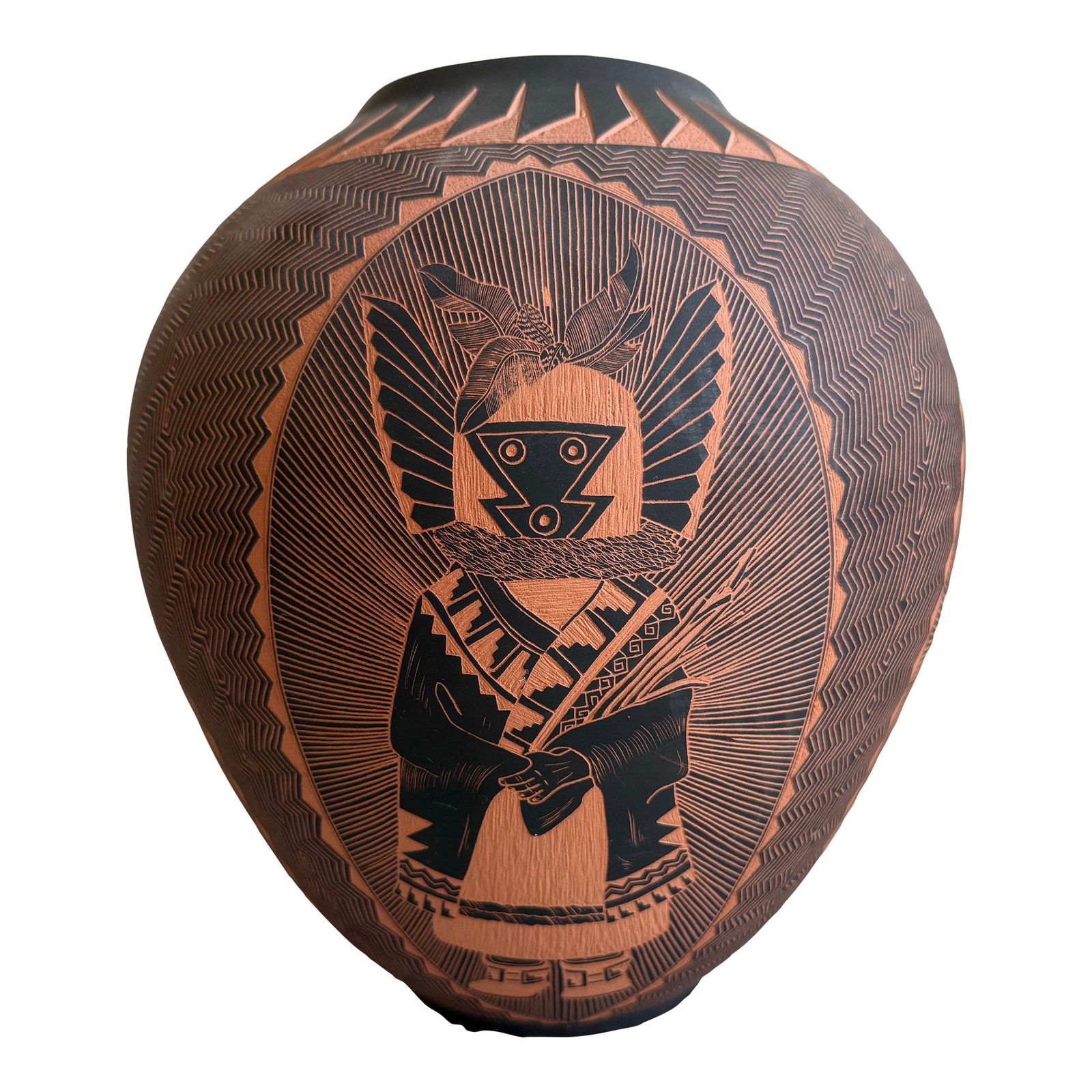 1990s Black Etched Terracotta Navajo Pottery Vase: This beautiful piece is a red clay with detailed kachina designs incised into the clay with a matte black showing through the raised areas. From my mother's estate. Hand etched throughout via scratchi