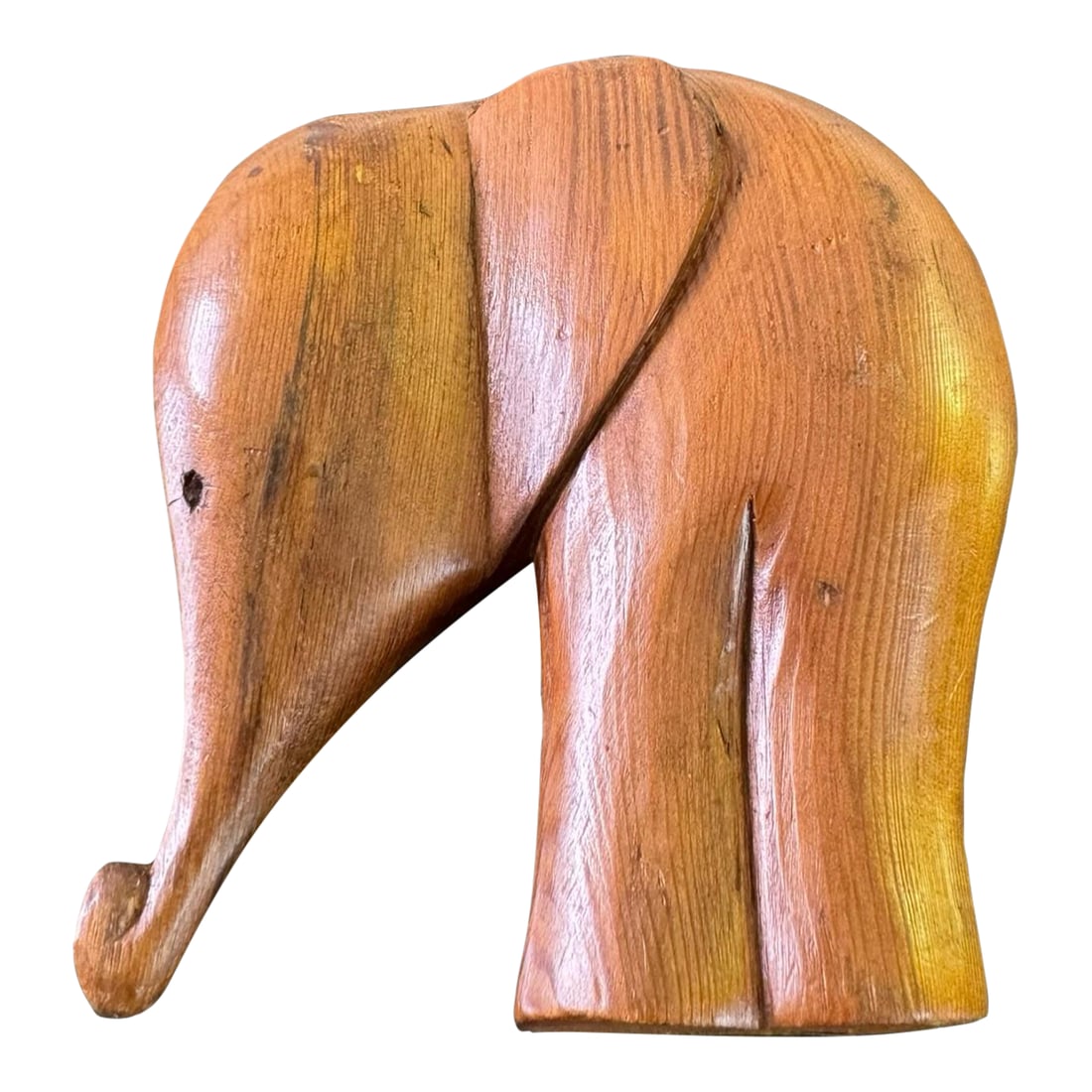 Mid Century Paul Marshall Teak Elephant Statue: 1960's Paul Marshall teak wood abstract elephant sculpture. Original gold foil label still affixed to bottom reading: "Paul Marshall - Made in Taiwan" Dimensions: 5"W x 2"D x 5"H Condition: Alteration