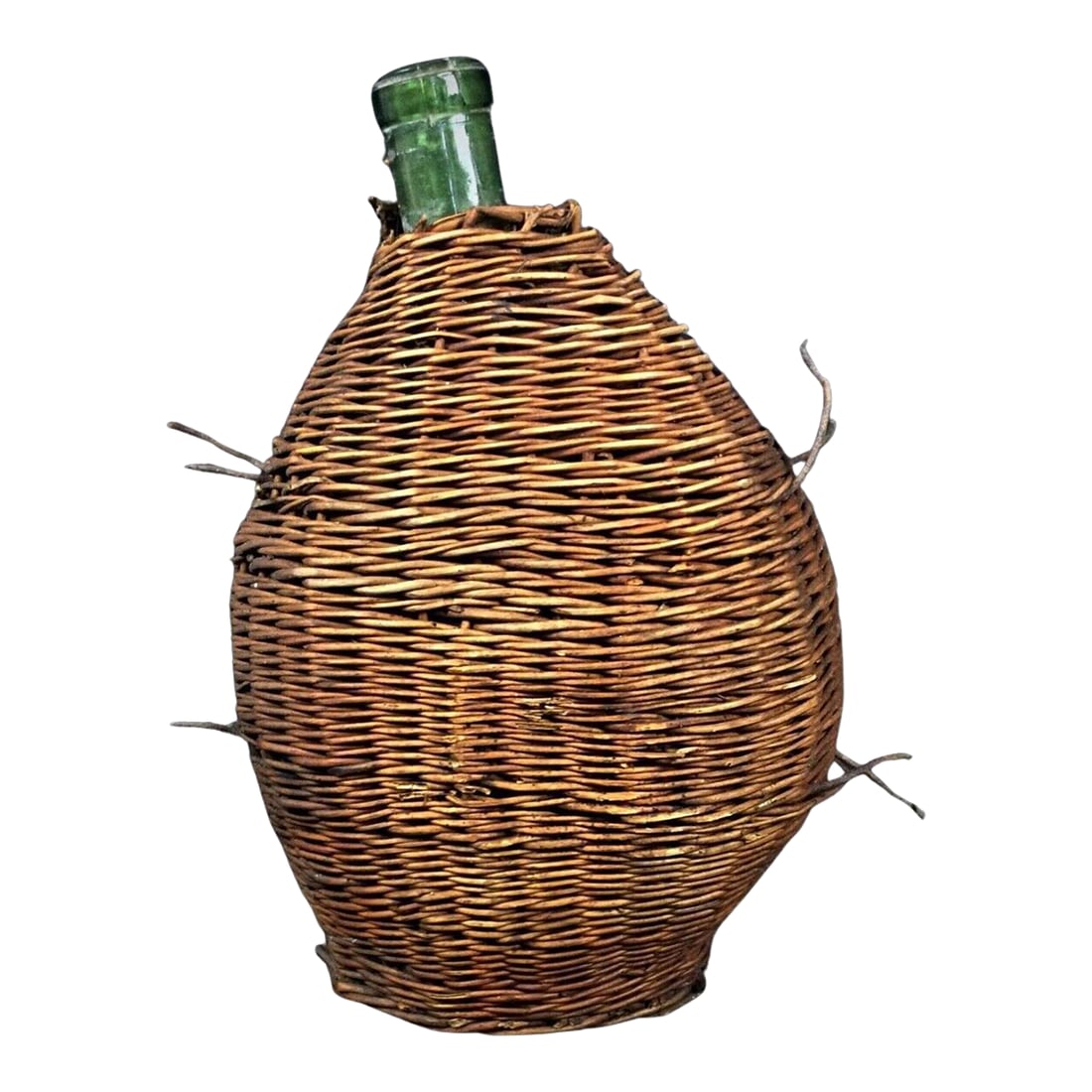 Vintage 20th-Century Demijohn Bottle With Wicker Cover - No Cork: This vintage demijohn bottle, wrapped in a rustic wicker cover, offers a touch of traditional charm and is perfect for collectors or as a decorative piece in a rustic or farmhouse-themed setting. The