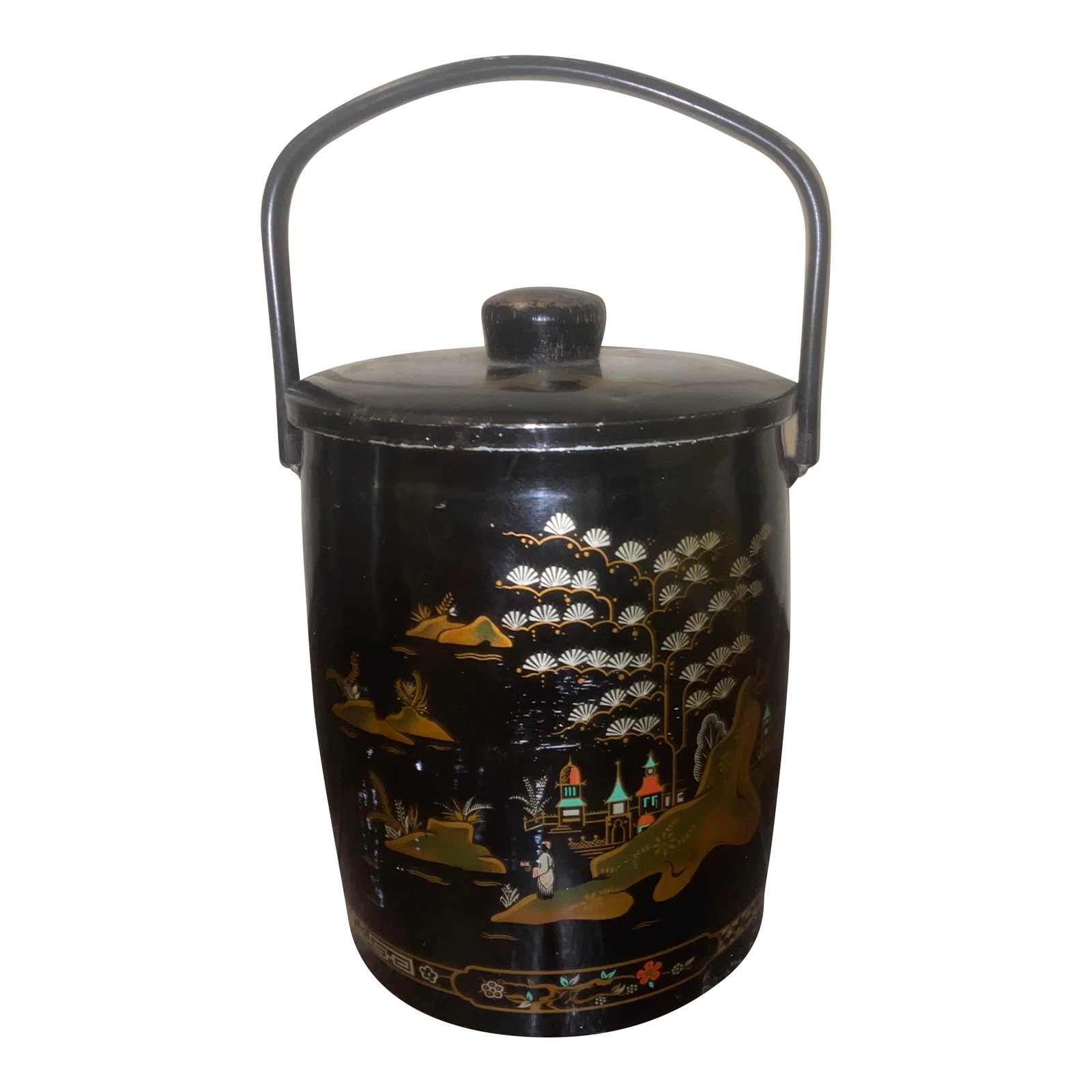 Vintage Chinoiserie Ice Bucket by Baret & Co. From England: Mid-20th Century Baret Ware Metal "China Garden" Ice Bucket Made in England. This chic ice caddy has a mercury glass interior. Condition: Alterations: Original Condition Unaltered Imperfections: Some