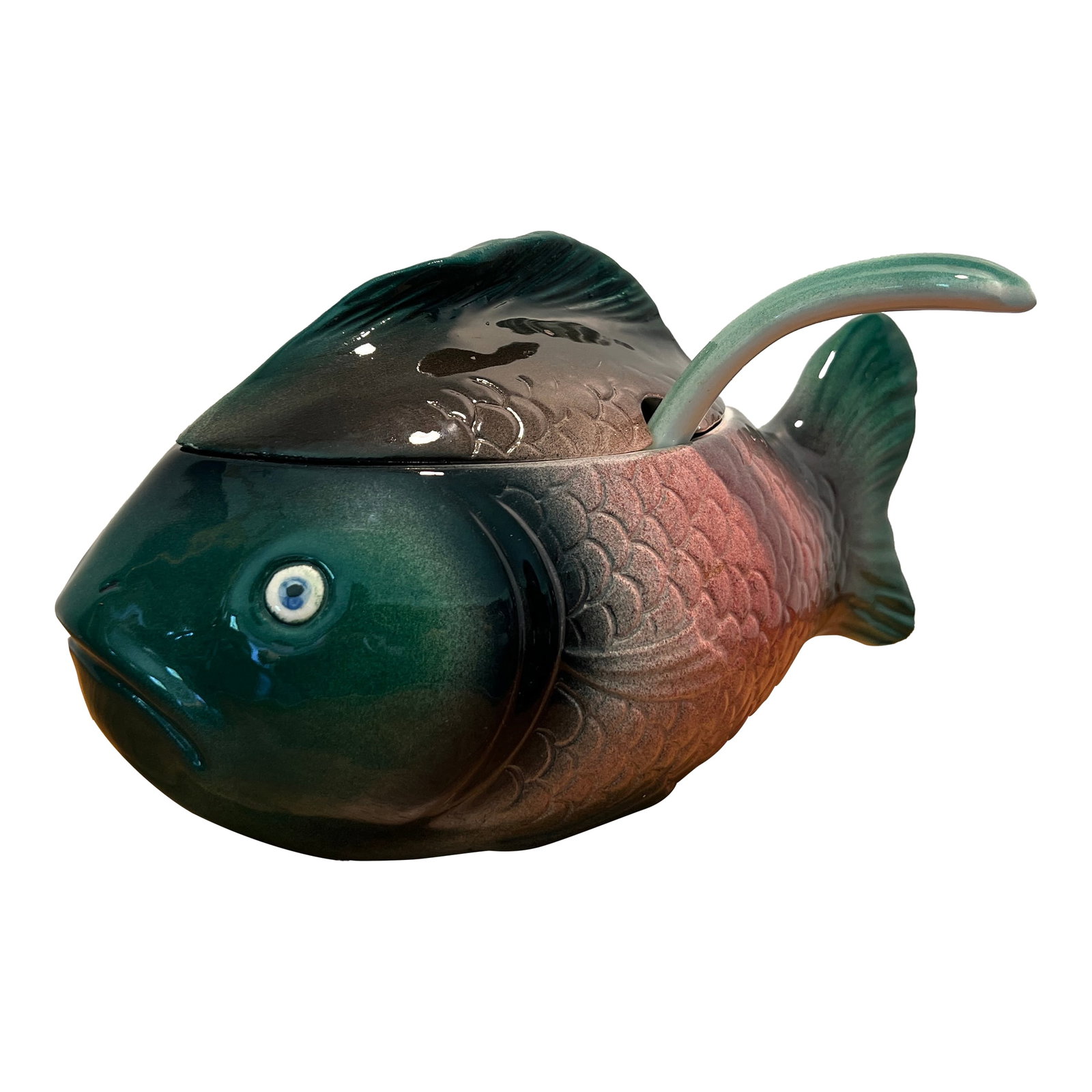 Vintage Italian Ceramic Fish Tureen Serving Dish & Ladle: This vintage Italian ceramic serving fish tureen will be the hit of your dinner party. Perfect for serving soups, stews, and sauces. The beautiful multicolor greens and pinks design makes a beautiful 