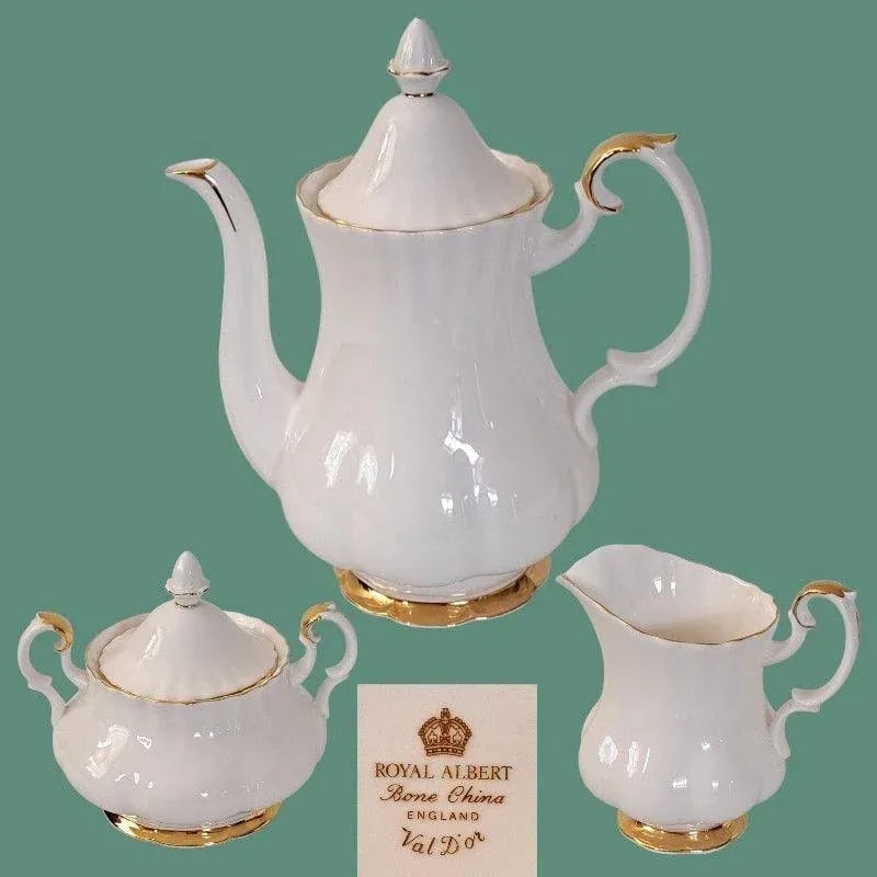 Vintage Royal Albert Val d'Or Bone China Tea Set Teapot Sugar/ Creamer Gold Trim- 3 Pieces - 2