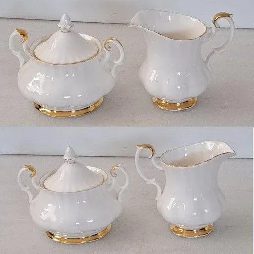 Vintage Royal Albert Val d'Or Bone China Tea Set Teapot Sugar/ Creamer Gold Trim- 3 Pieces - 7