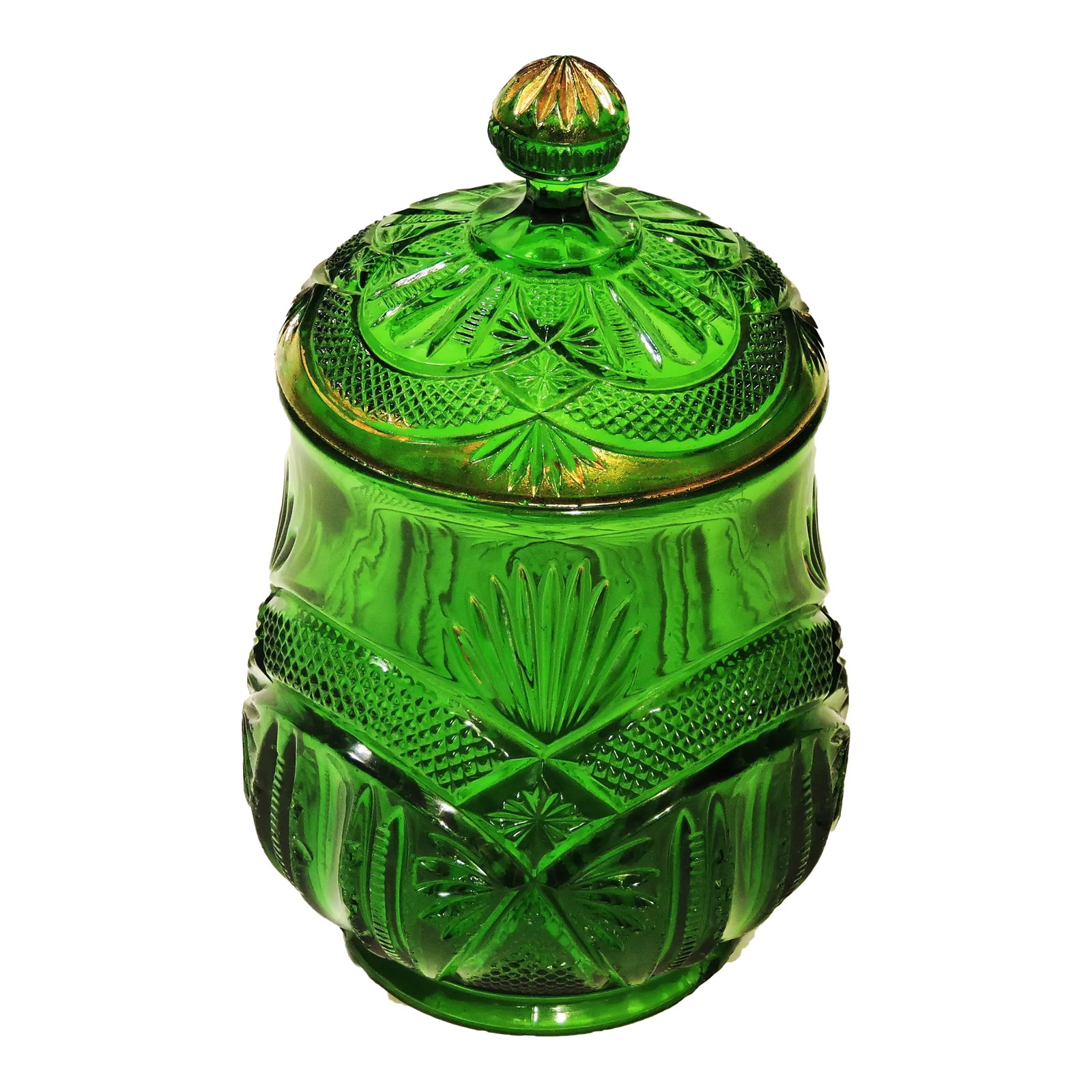 Circa 1890 McKee Glass Co. Hickman Green Gilded Sugar Bowl With Lid (1 of 10)