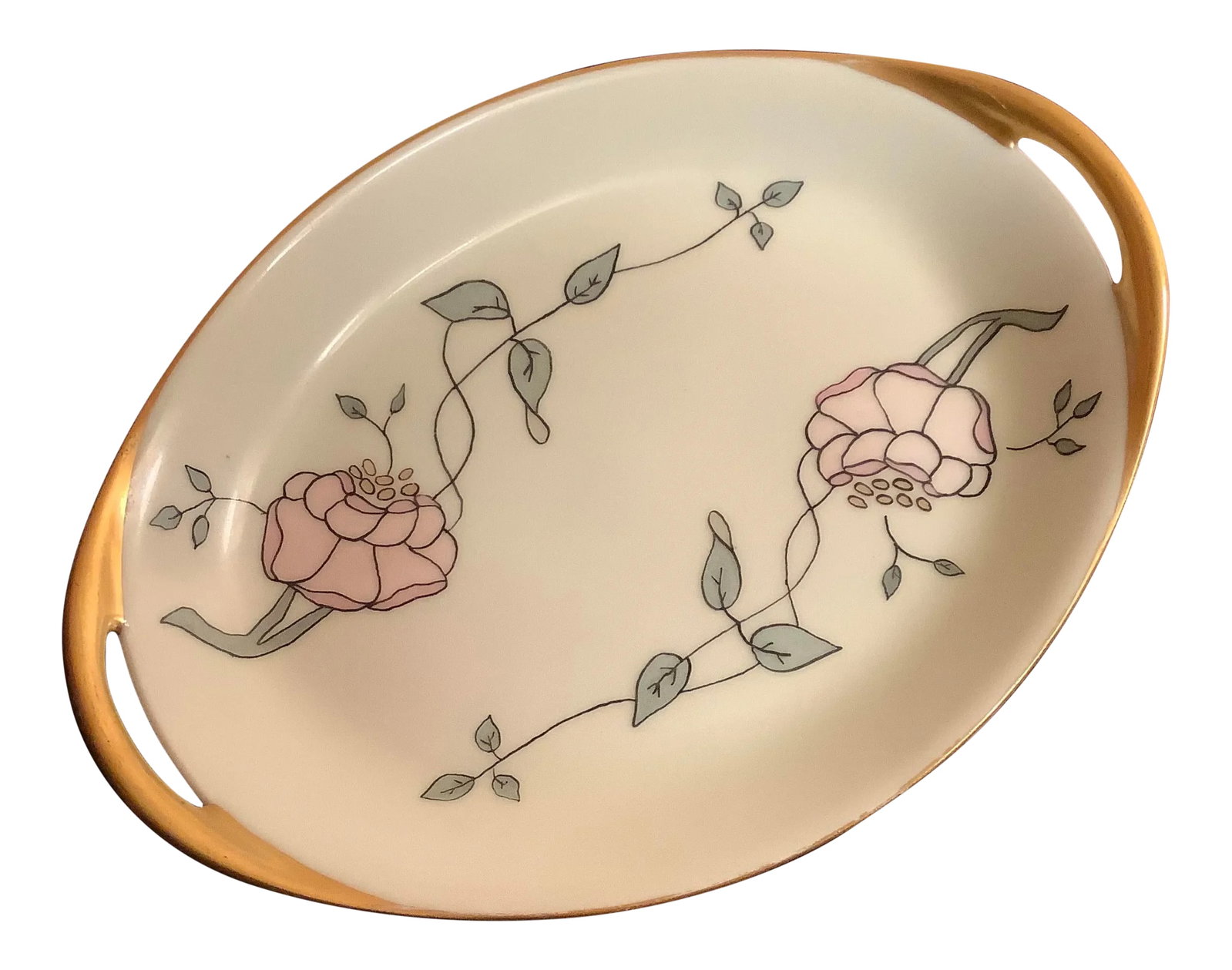 Haviland Limoges Art Deco Porcelain Tray, Handpainted: Beautiful two handled porcelain tray by Haviland Limoges. Features hand painted floral design in hues of pink and green with reticulated gold trimmed handles and a delicate gold rim. Backstamped