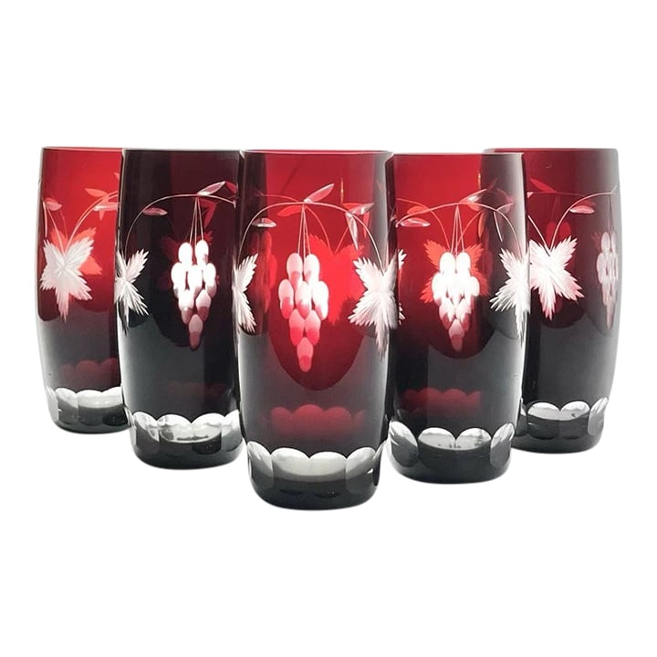 1970s Ruby Red Cut to Clear 5 Crystal Highball Tumbler Glasses: Ruby Red Cut to Clear 5 Crystal Highball Tumbler Glasses 6" 14oz Grape & Leaves Good vintage condition. No chips or cracks. Height 6" Length (Opening) 2 1/2" Holds 14oz Circa 1970s Condition: