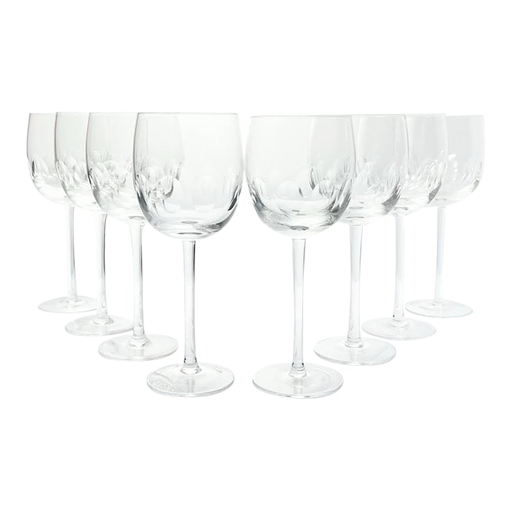 1960s Set of 8 Thumbprint Crystal Wine or Water All Purpose Glasses: 1960s Set of 8 Crystal Wine or Water All Purpose Glasses 8 7/8" 14oz Thumbprint No chips, cracks, or fleabites. Height 8 7/8" Length (Opening) 3 1/4" Holds 14oz Circa 1960-70s Condition: Alterations: