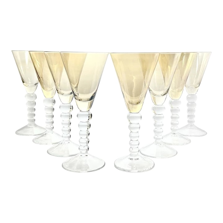 1990s Iridescent Ombre Amber Beaded Stem Large Water or Wine Goblets- Set of 8: 8 Iridescent Ombre Amber Beaded Stem Large Water or Wine Goblets 9 1/2" 12oz Excellent condition. No chips, cracks, or fleabites. Height 9 1/2" Length (Opening) 4" Holds 12oz Circa 1990s Condition: