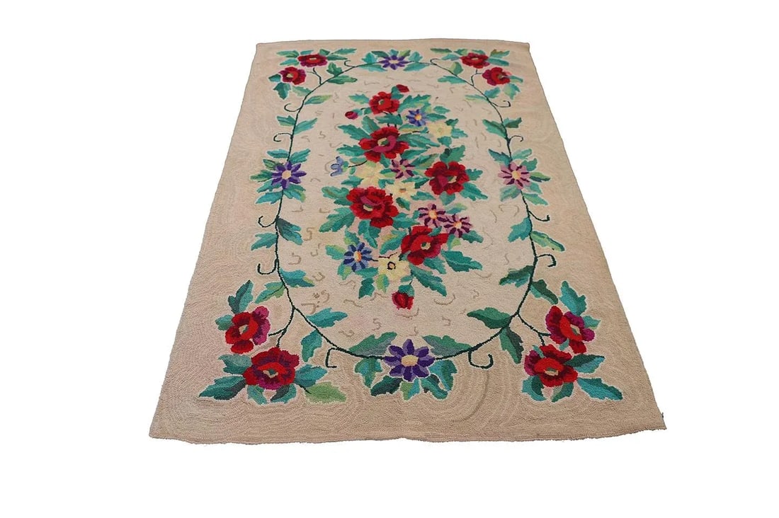 4'x6' Vintage American Hooked Rug | Antique American Floral Area Rug - 2